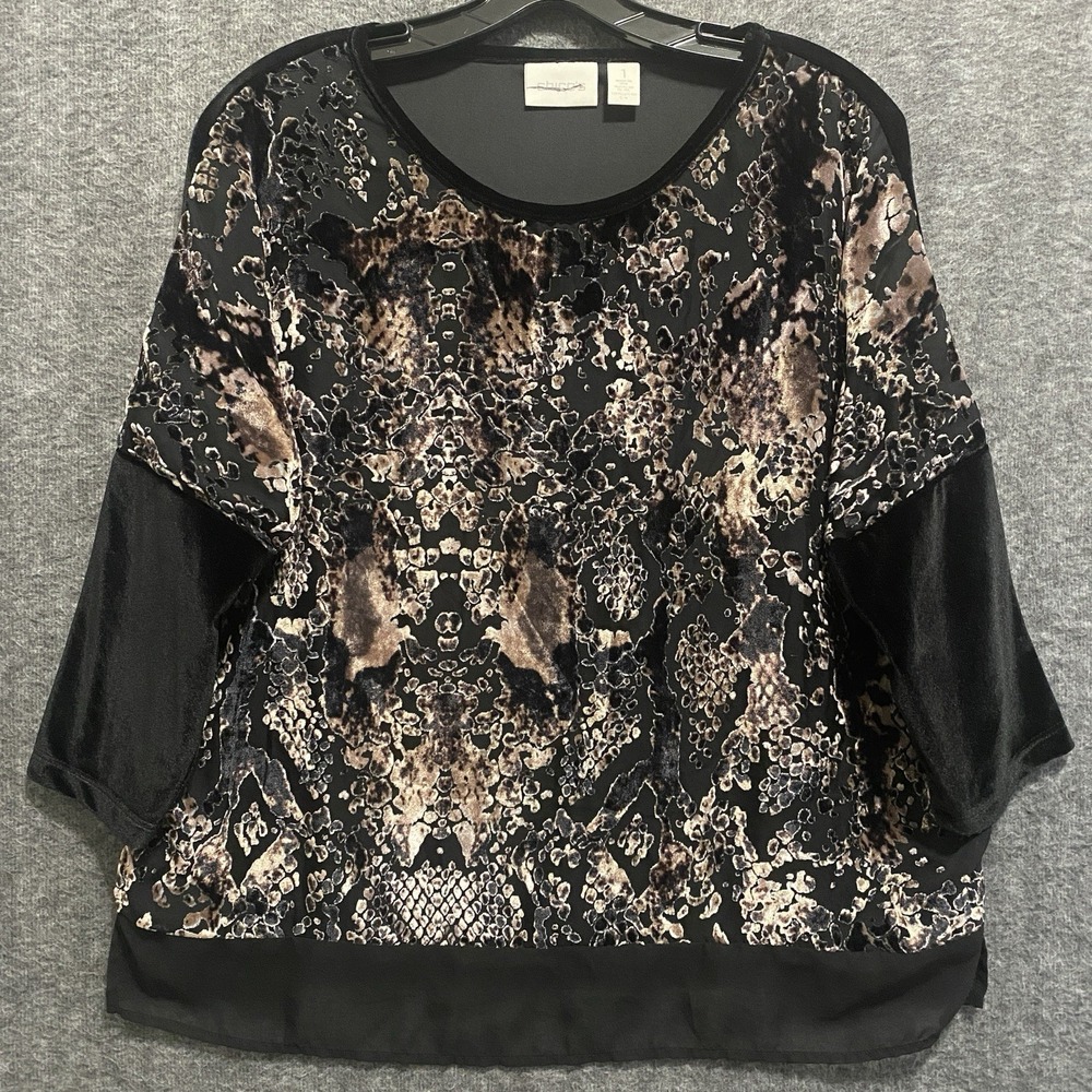Chicos Top Womens 1 Medium Black Velvet Burnout Sheer Hem Goth Whimsigoth Grunge